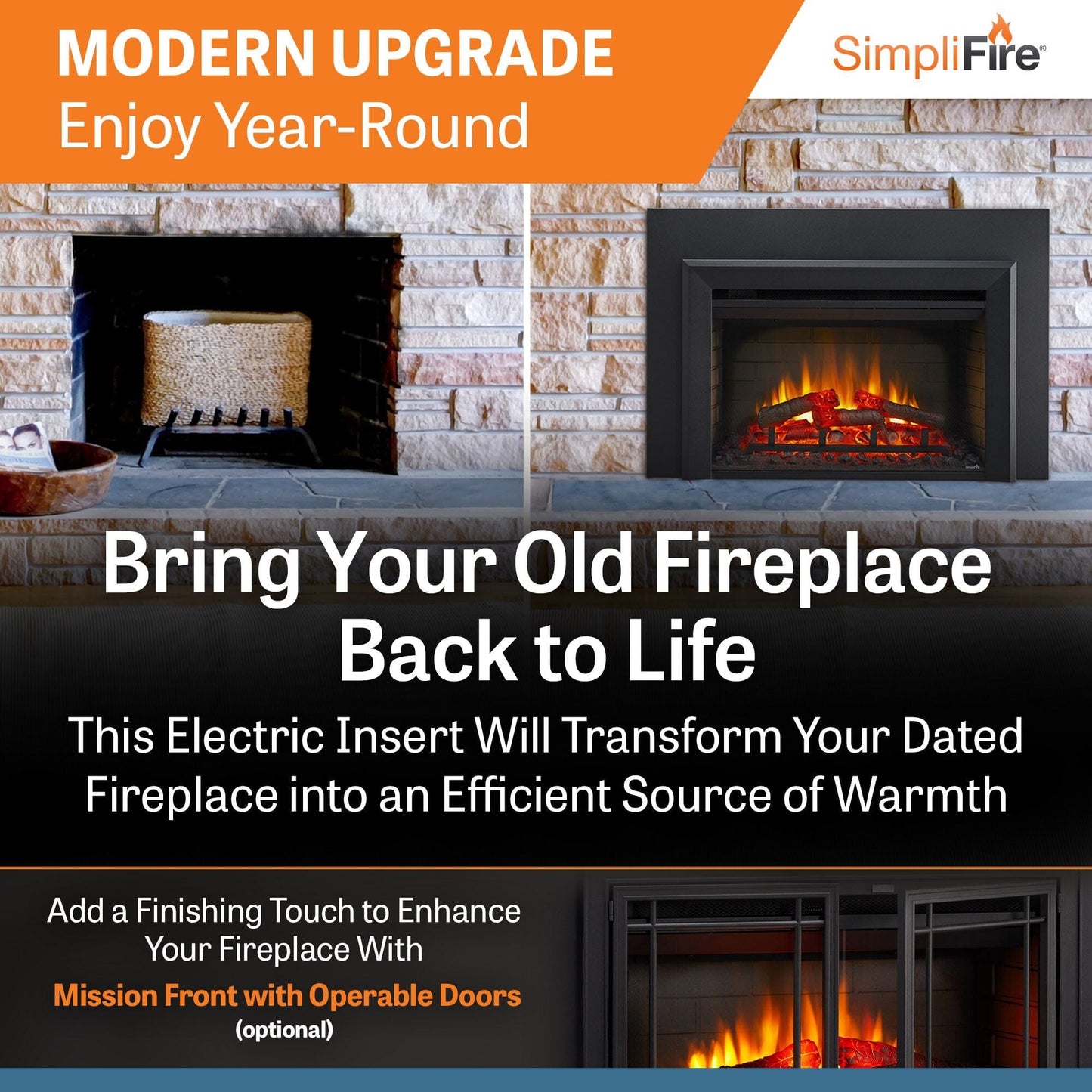 SimpliFire 30-In Electric Fireplace Insert with LED Flame and Multi-Color Ember Bed
