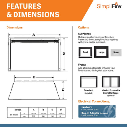 SimpliFire 30-In Electric Fireplace Insert with LED Flame and Multi-Color Ember Bed