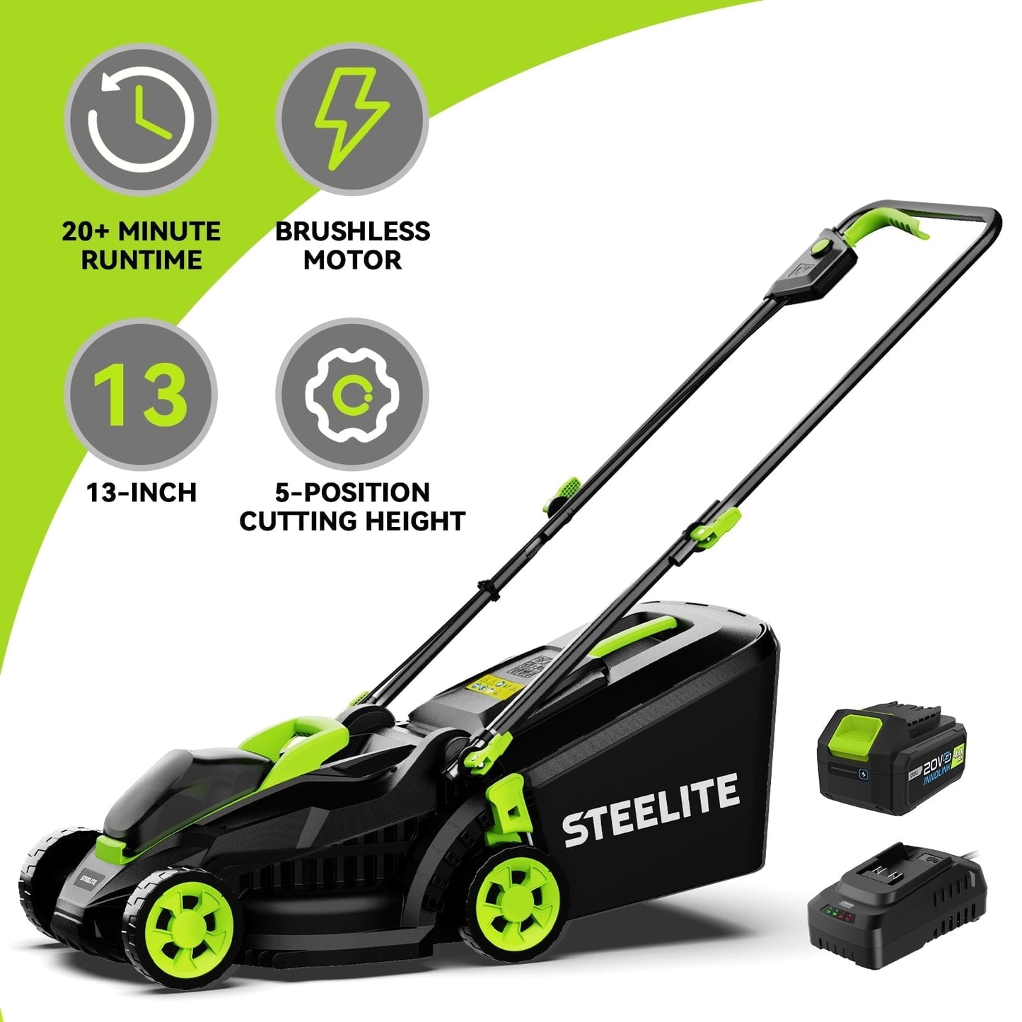 Steelite 13″ 21V Cordless Brushless Lawn Mower with 4.0Ah Battery & Charger