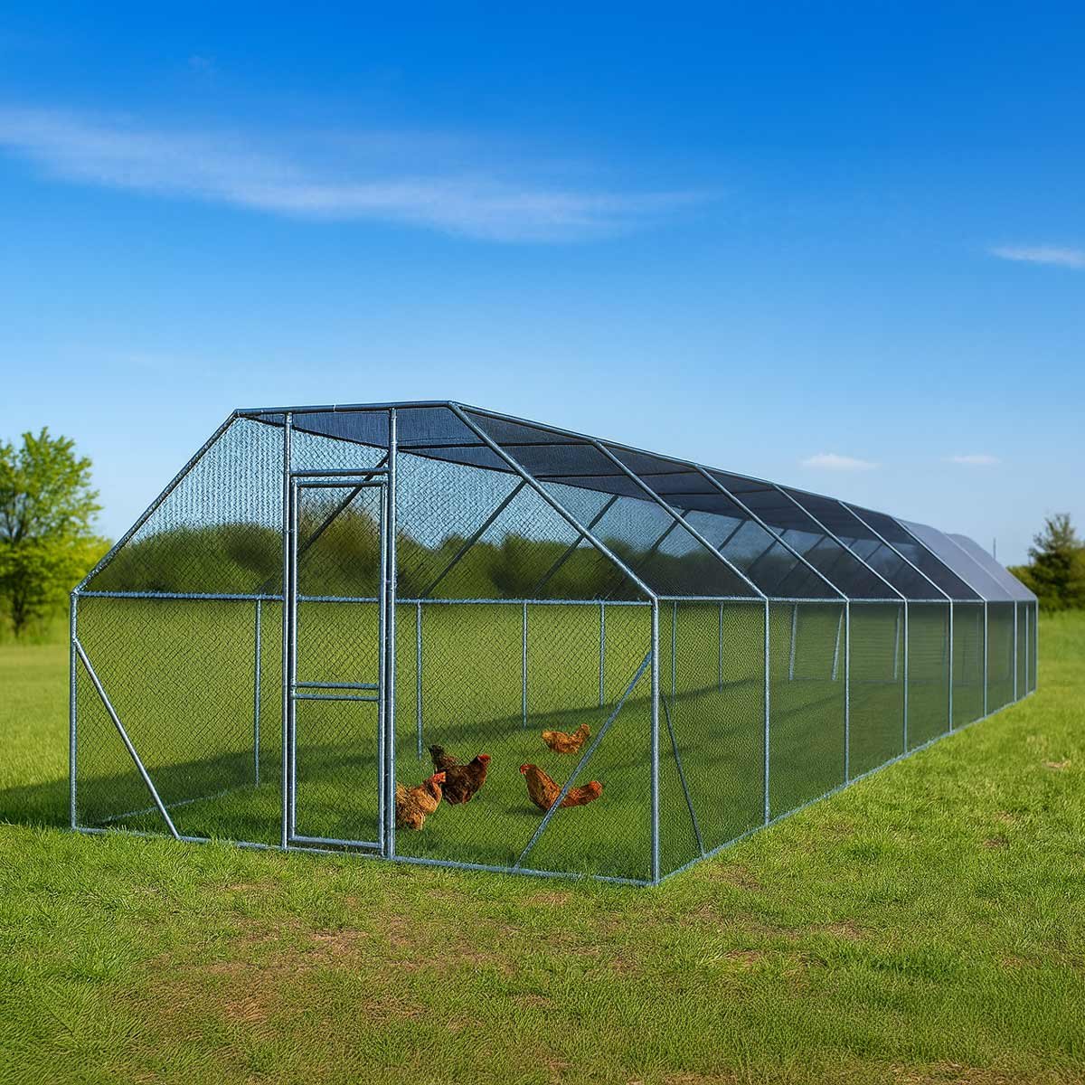 10’ x 60’ Wire Mesh Chicken Run Shelter Coop, Galvanized Steel, 600 Sq-Ft, Lockable Gate, PVC Coated Mesh, TMG-CRS1060