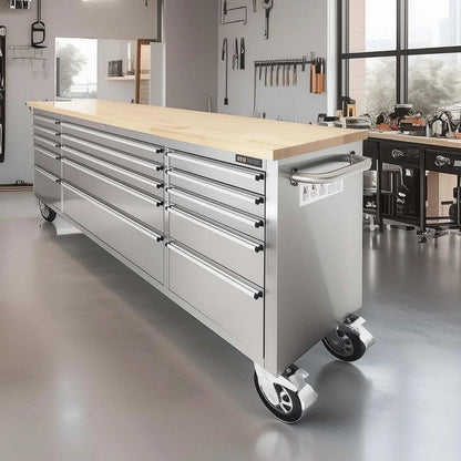 72″ Stainless Steel Rolling Workbench, Rubberwood Tabletop, 15 Lockable Drawers, Locking Wheels, TMG-WB7215S