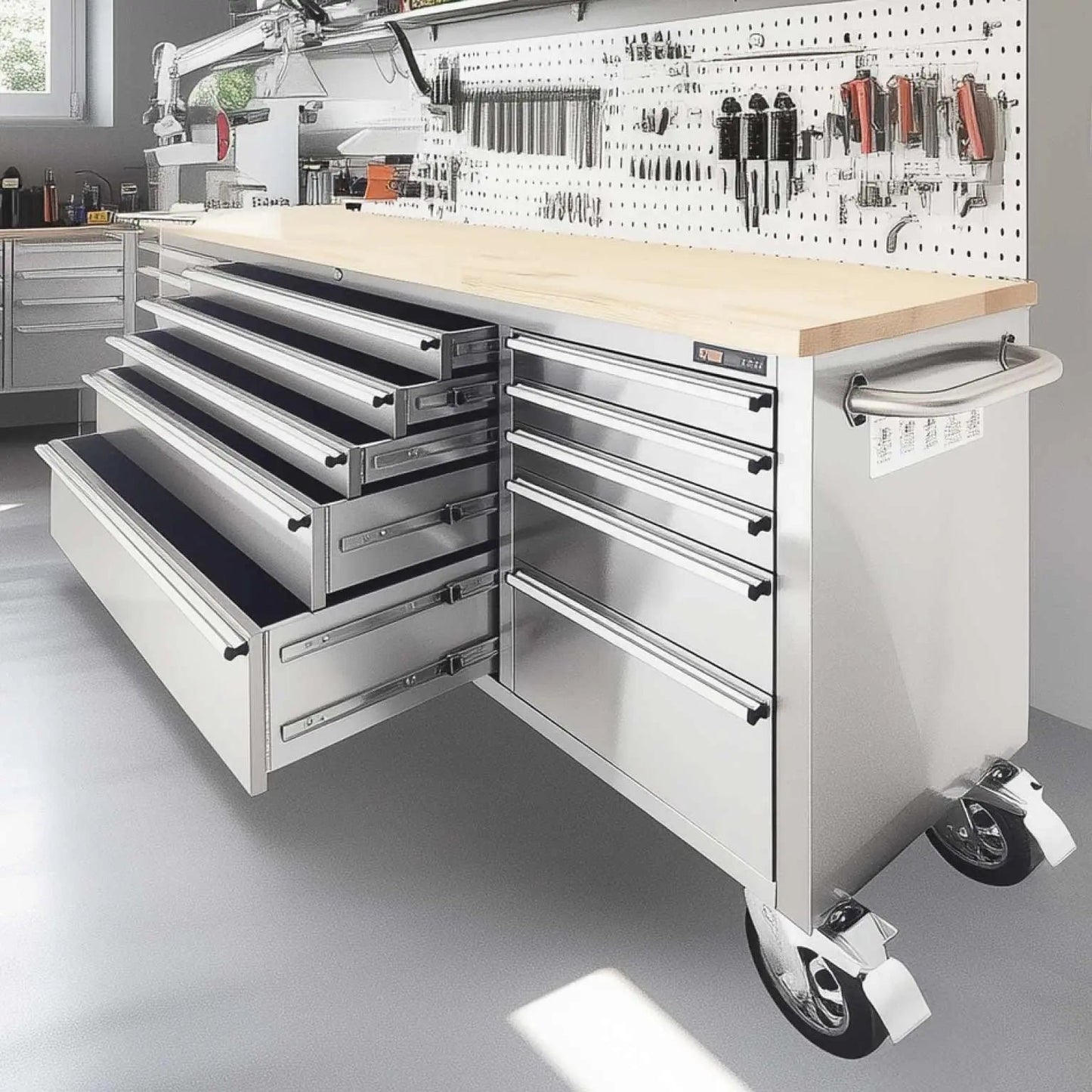 72″ Stainless Steel Rolling Workbench, Rubberwood Tabletop, 15 Lockable Drawers, Locking Wheels, TMG-WB7215S