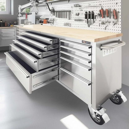 72″ Stainless Steel Rolling Workbench, Rubberwood Tabletop, 15 Lockable Drawers, Locking Wheels, TMG-WB7215S
