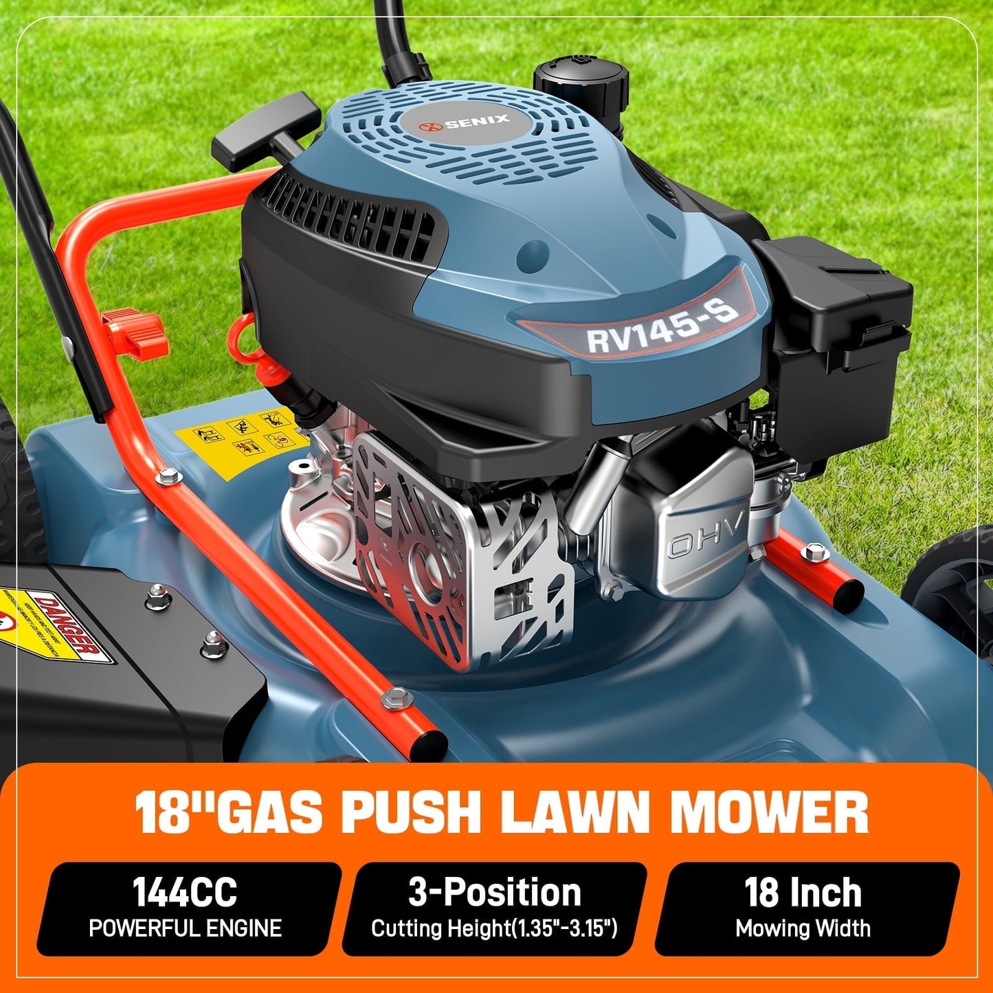 SENIX 18 in. Gas Push Lawn Mower, 144cc 4-Cycle with Side Discharge