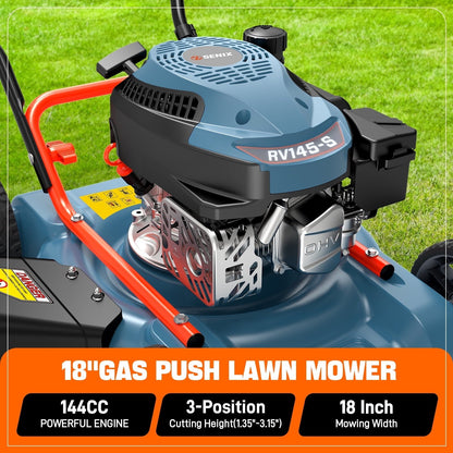 SENIX 18 in. Gas Push Lawn Mower, 144cc 4-Cycle with Side Discharge