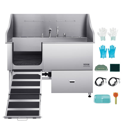 61″ Stainless Steel Dog Grooming Bath Tub, Built-in Ramp & Water Filter, Left-Side Faucet Setup, DOBA-DT61L