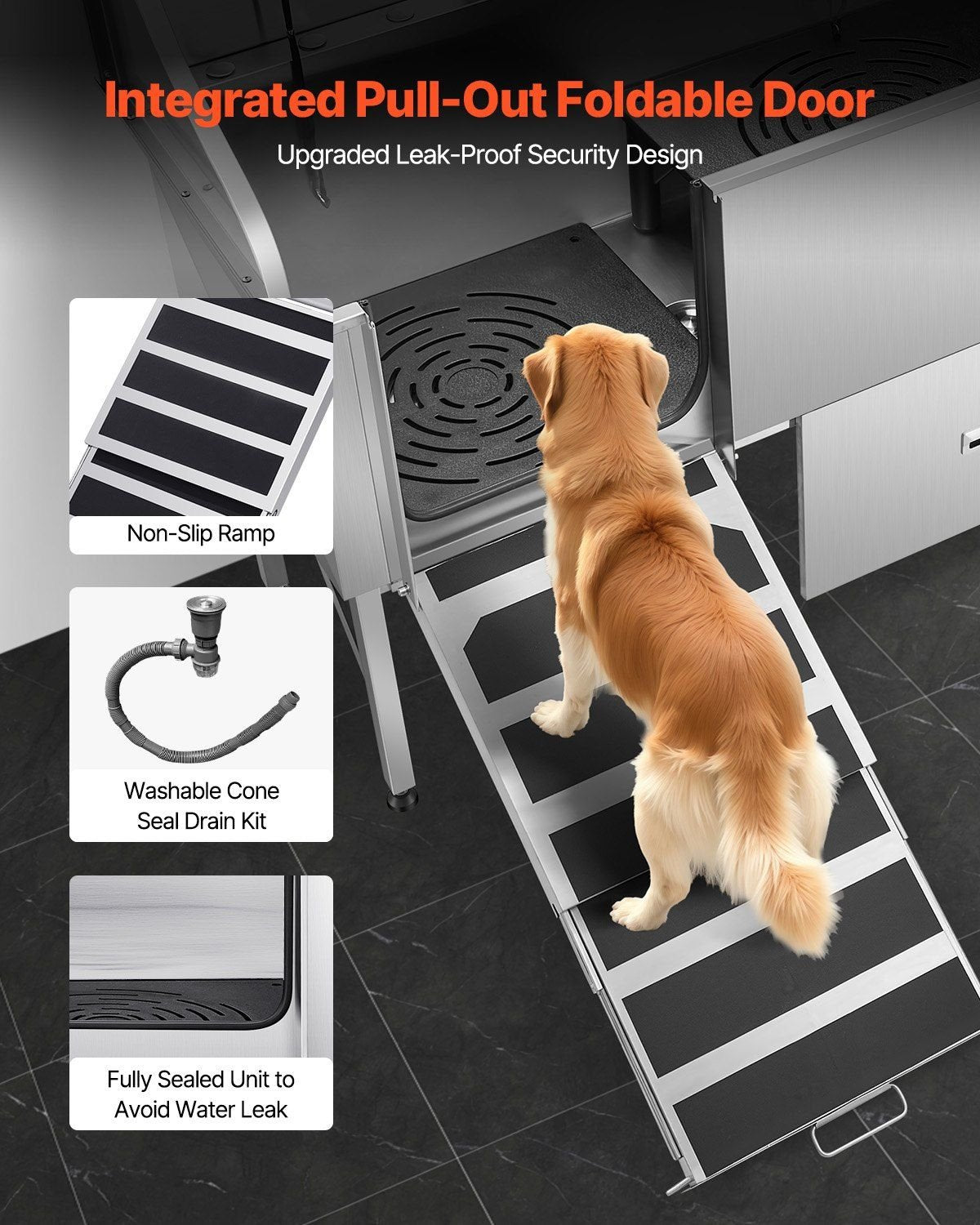 61″ Stainless Steel Dog Grooming Bath Tub, Built-in Ramp & Water Filter, Left-Side Faucet Setup, DOBA-DT61L