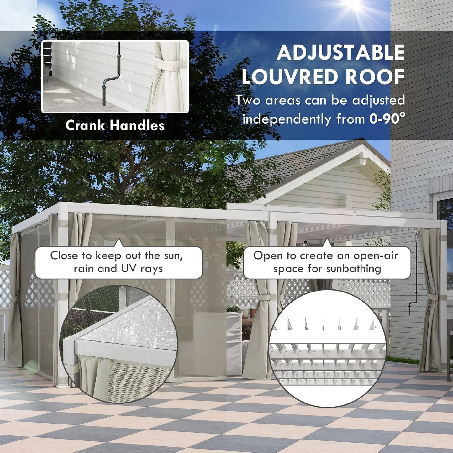 12′ x 19′ Aluminum Pergola, 2 Adjustable Louvred Roofs, Curtains & Nettings, UV-Fighting & Waterproof, DOBA-PC1219