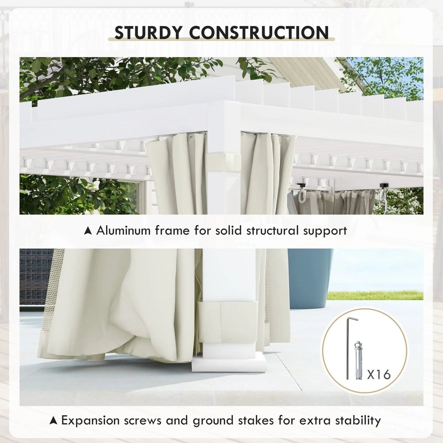 12′ x 19′ Aluminum Pergola, 2 Adjustable Louvred Roofs, Curtains & Nettings, UV-Fighting & Waterproof, DOBA-PC1219