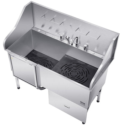 61″ Stainless Steel Dog Grooming Bath Tub, Built-in Ramp & Water Filter, Left-Side Faucet Setup, DOBA-DT61L