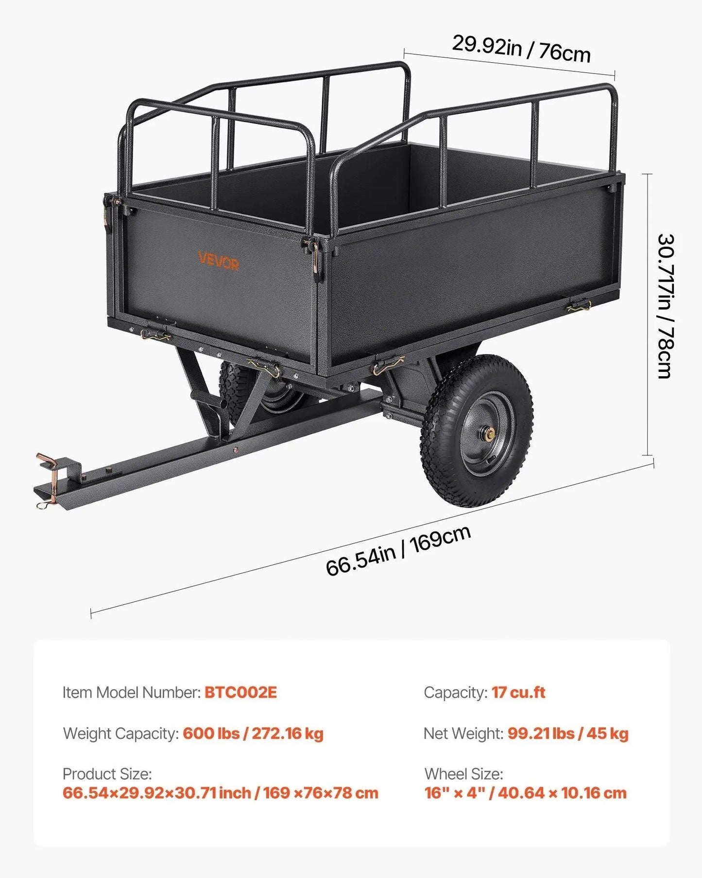 600 lbs Steel Dump Cart, 17 Cu. Ft Capacity, Heavy-Duty Tow Behind for ATV/UTV, DOBA-DC600