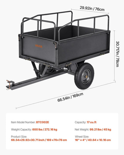 600 lbs Steel Dump Cart, 17 Cu. Ft Capacity, Heavy-Duty Tow Behind for ATV/UTV, DOBA-DC600