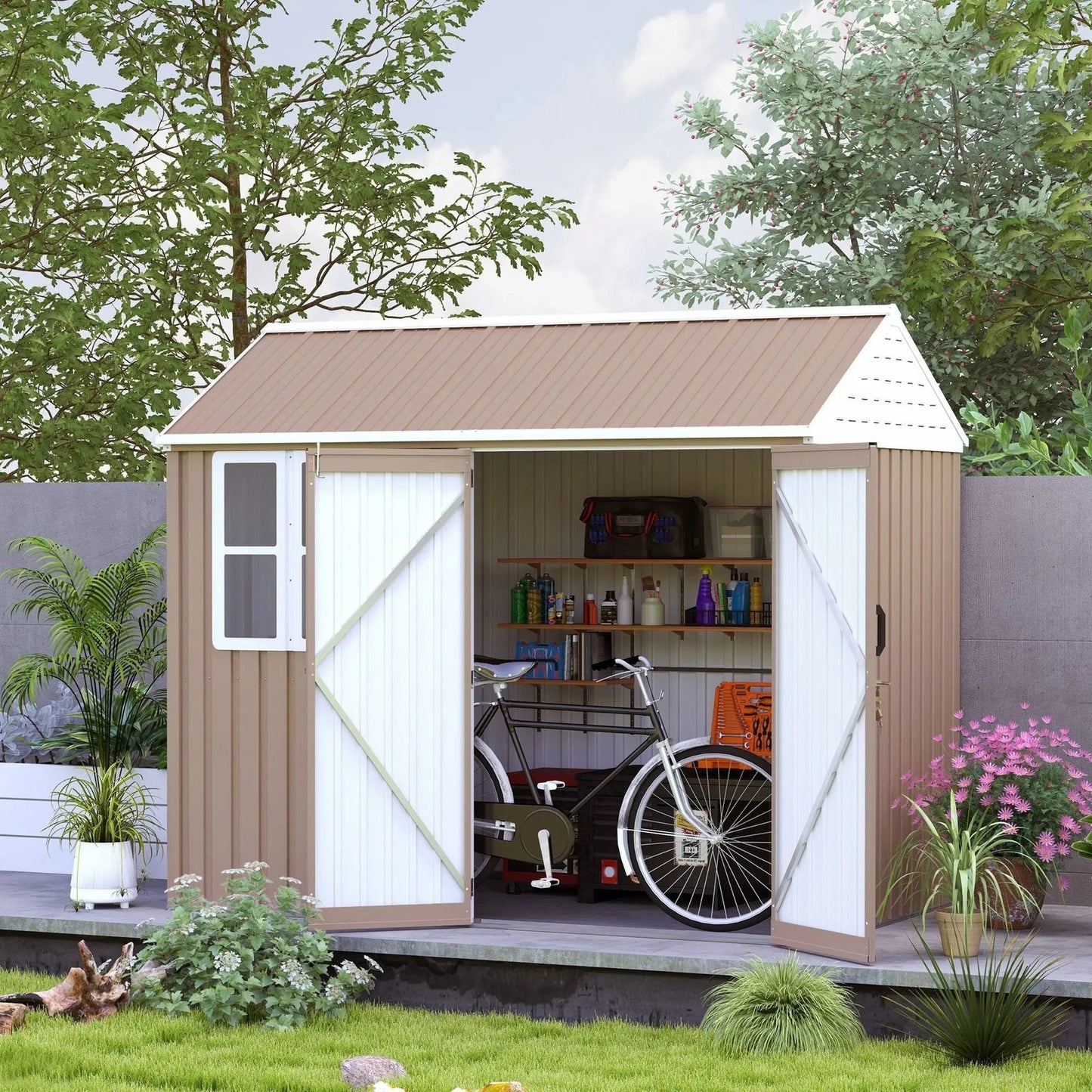 8′ x 6′ Metal Garden Storage Shed, Extra Large Tool Storage, Doors, Window, and Air Vents, Brown, DOBA-MS86