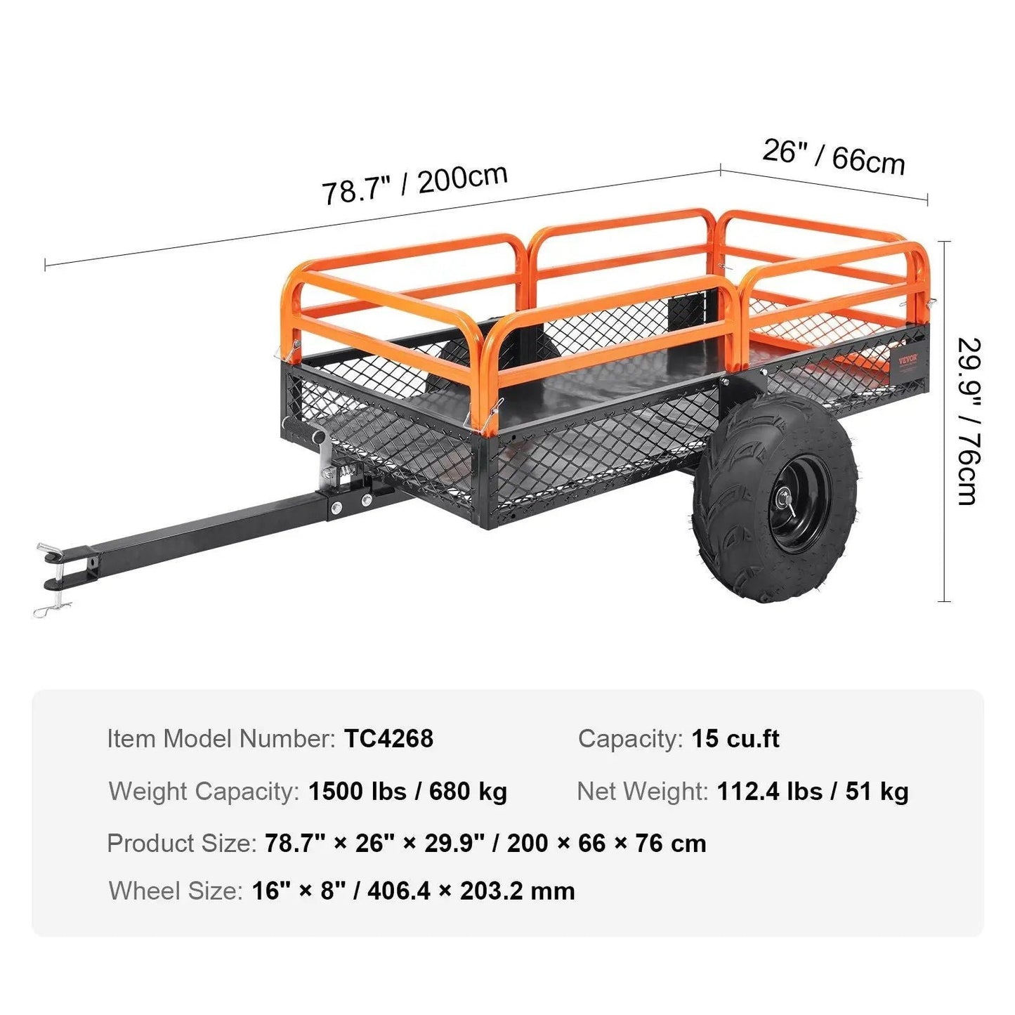 1500 lbs Steel Dump Trailer, 15 Cu. Ft Capacity, Removable Sides, Tow Behind for Mowers/Tractors/ATV, DOBA-DT1500