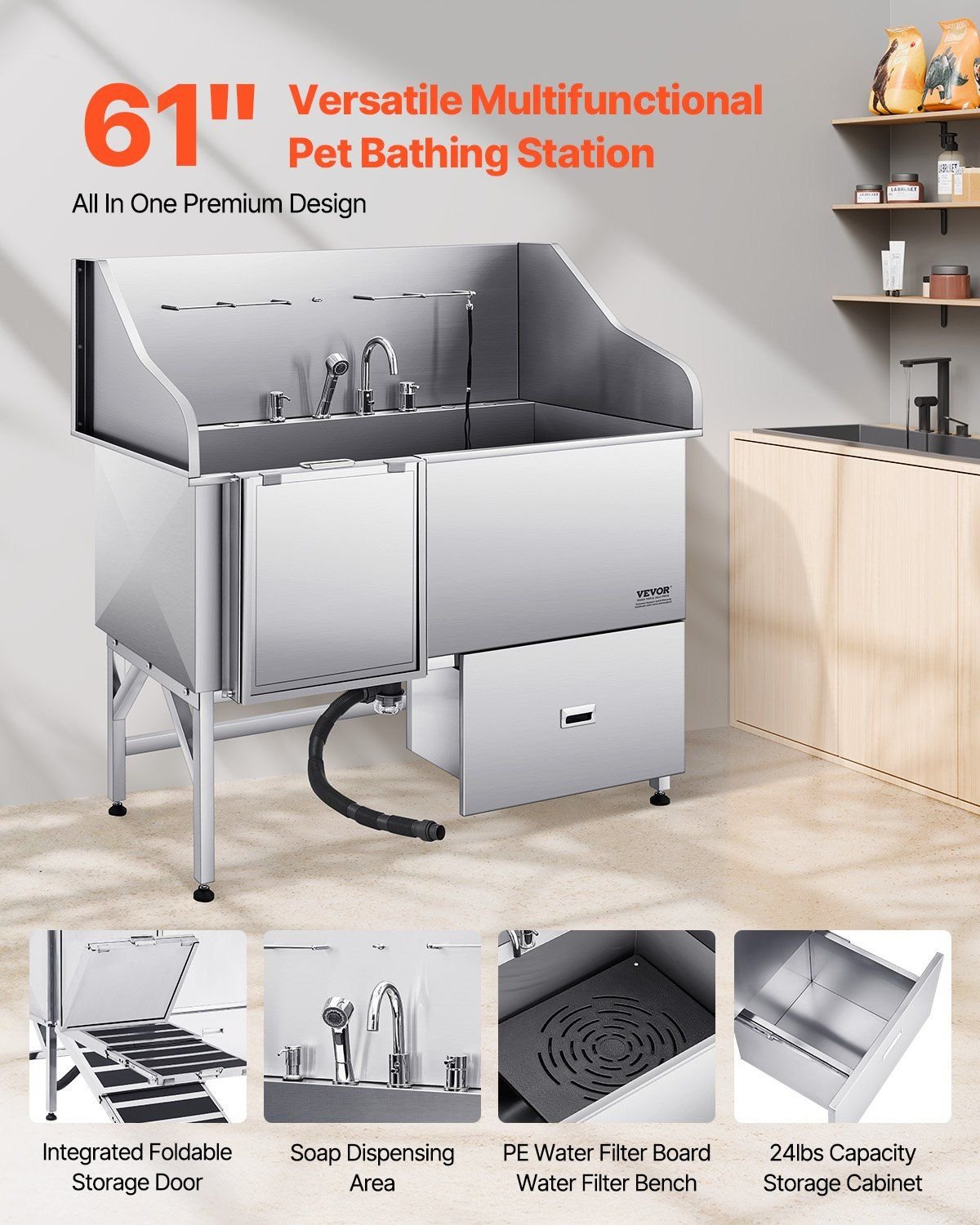 61″ Stainless Steel Dog Grooming Bath Tub, Built-in Ramp & Water Filter, Left-Side Faucet Setup, DOBA-DT61L