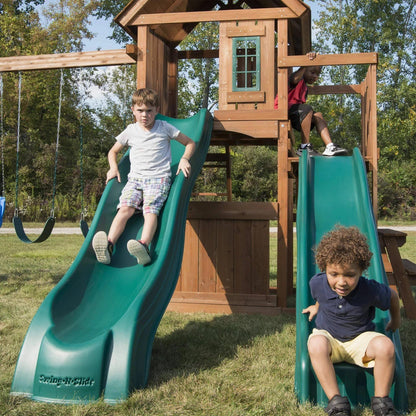 Swing-N-Slide WS 8353 Knightsbridge Deluxe Wooden Swing Set with Two Slides Climbing Wall Swings Glider & Picnic Table Wood