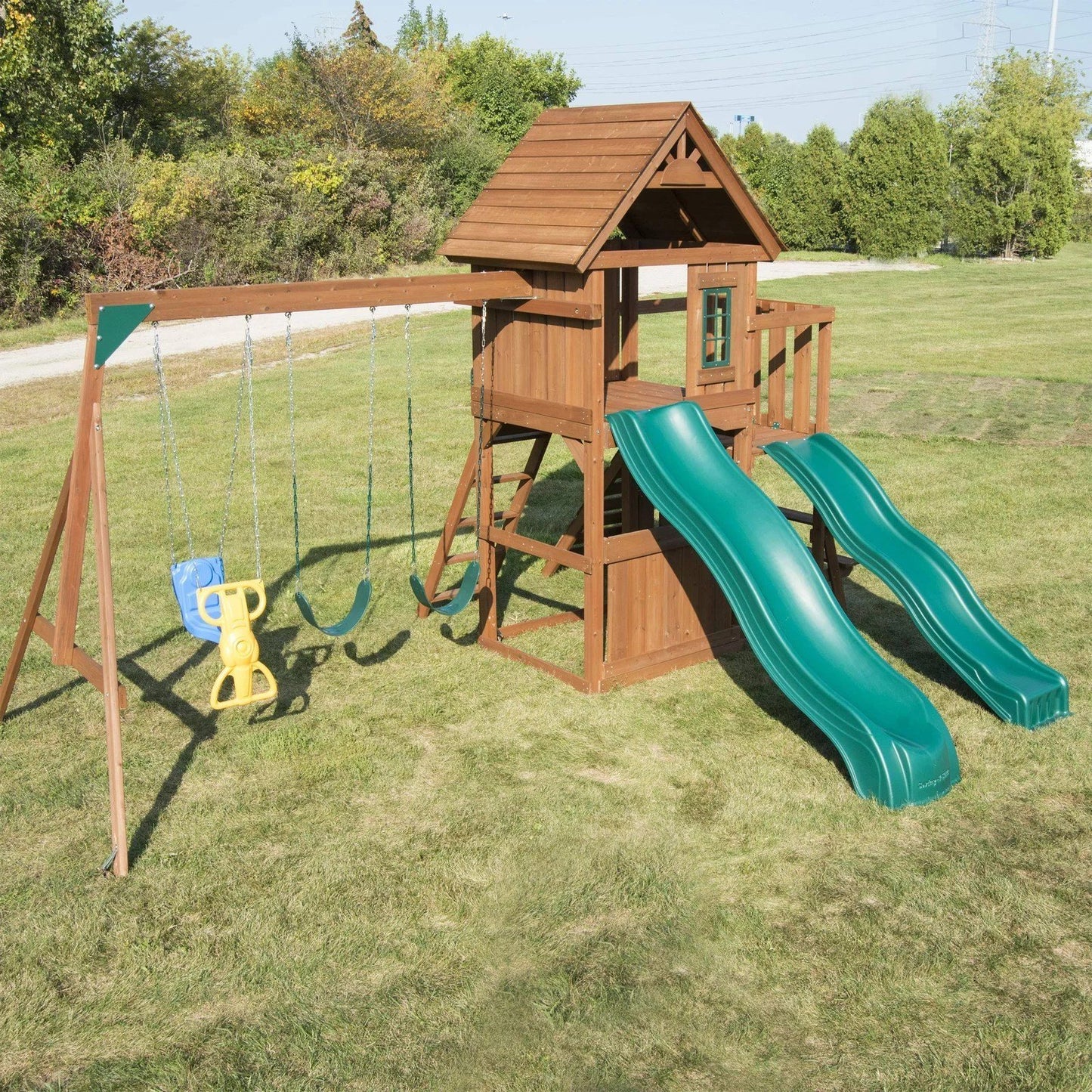 Swing-N-Slide WS 8353 Knightsbridge Deluxe Wooden Swing Set with Two Slides Climbing Wall Swings Glider & Picnic Table Wood