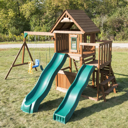 Swing-N-Slide WS 8353 Knightsbridge Deluxe Wooden Swing Set with Two Slides Climbing Wall Swings Glider & Picnic Table Wood