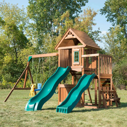 Swing-N-Slide WS 8353 Knightsbridge Deluxe Wooden Swing Set with Two Slides Climbing Wall Swings Glider & Picnic Table Wood